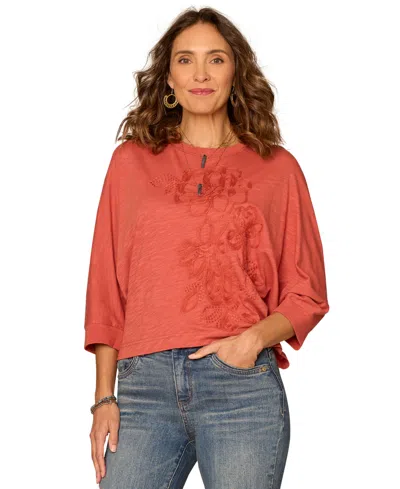 Democracy Petite Scoop Neck Embroidered Knit Top In Orange