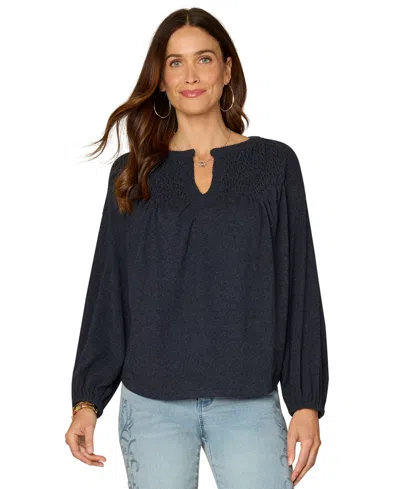 Democracy Petite Shirt Tail Knit Novelty Smocking Top In Blue