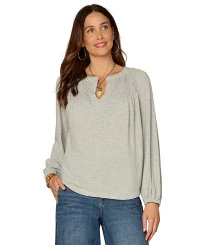 Democracy Petite Shirt Tail Knit Novelty Smocking Top In Gray