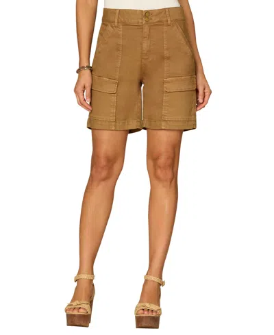 Democracy Petite Skyrise Double Button Flap Patch Pocket Cargo Shorts In Brown