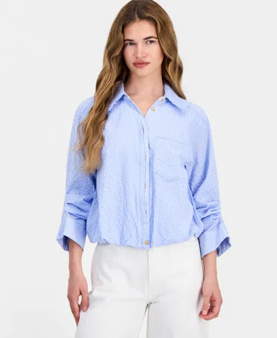 Democracy Petite Smocked Collar Bubble-hem Striped Collared Shirt In Blue