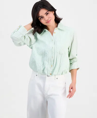 Democracy Petite Smocked Collar Bubble-hem Striped Collared Shirt In Green