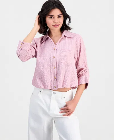 Democracy Petite Smocked Collar Bubble-hem Striped Collared Shirt In Pink