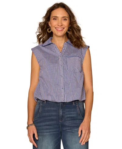 Democracy Petite Smocked Collar Woven Top In Blue
