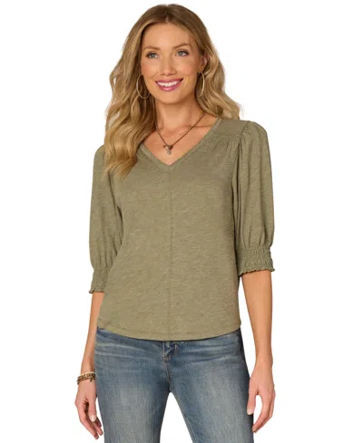 Democracy Petite Smocking-trim Blouson-sleeve Top