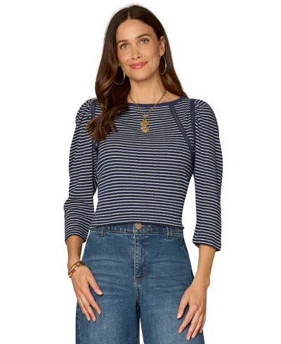 Democracy Petite Striped Boat Neck Knit Top In Blue