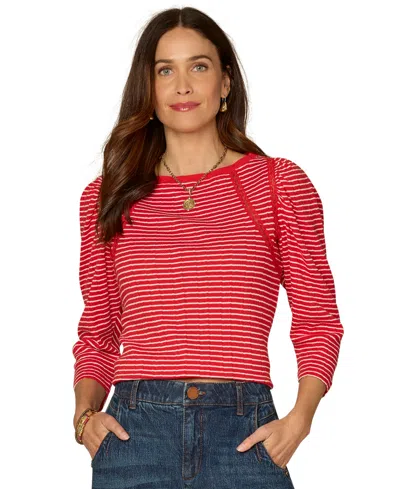 Democracy Petite Striped Boat Neck Knit Top In Red