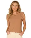 Democracy Petite Striped Flutter-sleeve Top In Brown