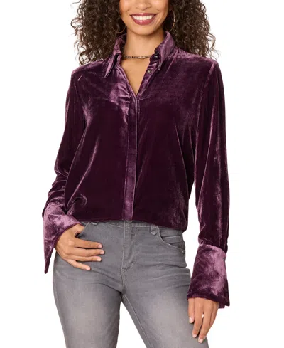 Democracy Petite Velvet Button-front Shirt In Au Aubergi