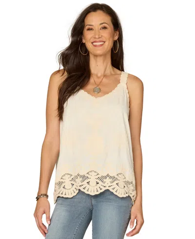 Democracy Petite V-neck Embroidered Woven Tank Top In Neutral