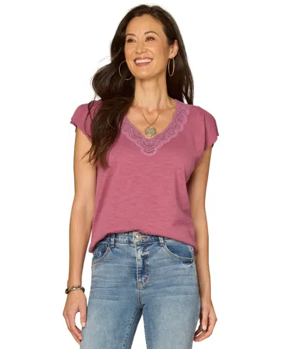 Democracy Petite V-neck Short-sleeve Sweater In Pink