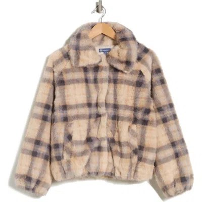 Democracy Plaid Faux Fur Bomber Jacket In Neutral