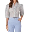Democracy Pleated Ruffle Neck Button Down Top In Airy Blue/rose Gold Multi In Multi