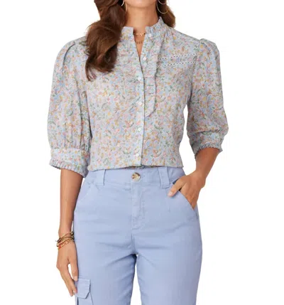Democracy Pleated Ruffle Neck Button Down Top In Airy Blue/rose Gold Multi
