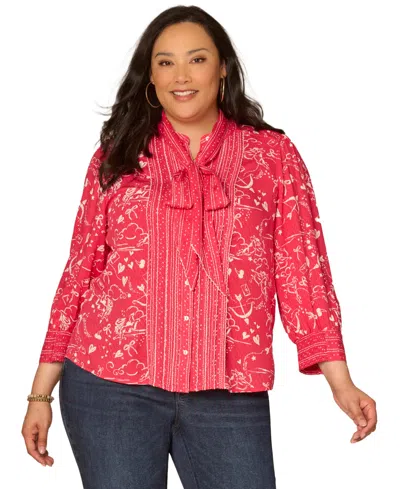 Democracy Plus Size 3/4-length Sleeve Button-down Top In Red