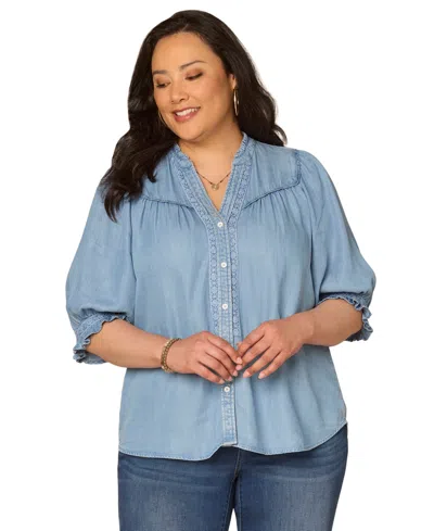 Democracy Plus Size Below Elbow Cinched Band-sleeve Button-down Top In Blue