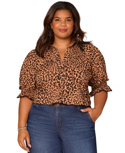 Democracy Plus Size Below Elbow Lantern Sleeve Shirt In Brown
