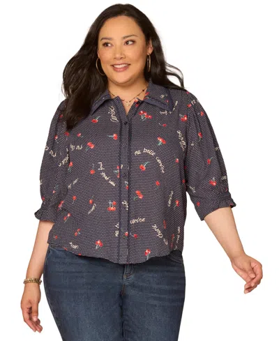 Democracy Plus Size Below Elbow-sleeve Button-down Shirt In Multi