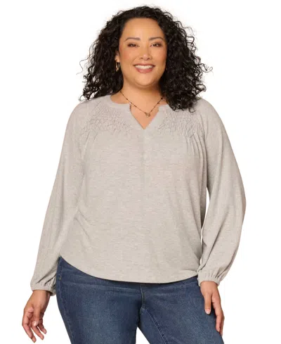 Democracy Plus Size Blouson Long-sleeve Relaxed Top In Neutral