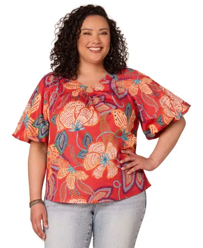 Democracy Plus Size Bubble Bell-sleeve Printed Top In Red