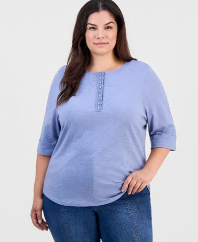 Democracy Plus Size Crochet 3/4-sleeve Henley Top In Blue