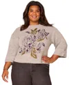 Democracy Plus Size Cuffed Long-sleeve Floral Jacquard Sweater In Gray