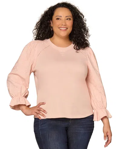 Democracy Plus Size Die Cut Embroidered Scoop Neck Top In Pink