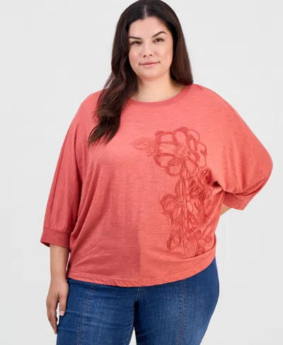 Democracy Plus Size Dolman-sleeve Soutache Floral-embroidered Top In Pink