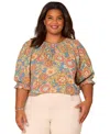 Democracy Plus Size Elbow-sleeve Scoop Neck Top In Multi