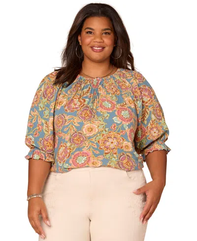 Democracy Plus Size Elbow-sleeve Scoop Neck Top In Multi