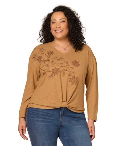 Democracy Plus Size Embroidered Knot Detail Long-sleeve Top In Brown