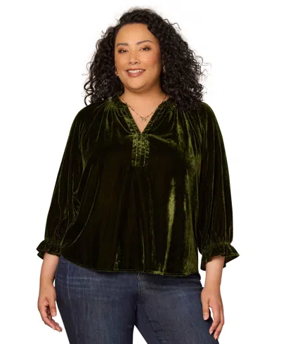Democracy Plus Size Embroidery Detail 3/4-sleeve Top In Green