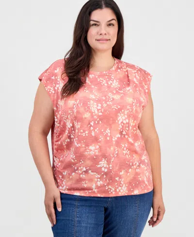 Democracy Plus Size Extended-shoulder Printed Ruched T-shirt In Pink