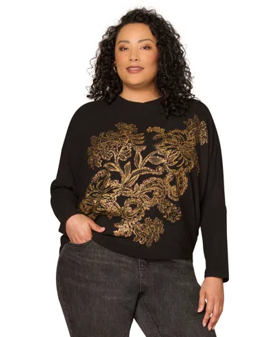 Democracy Plus Size Foil Detail Batwing Long-sleeve Top In Multi