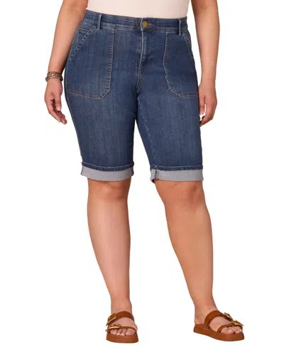Democracy Plus Size High-rise Cuffed Bermuda Shorts In Blue