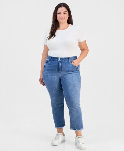 Democracy Plus Size High-waisted Straight-leg Frayed-hem Jeans In Mid Blue