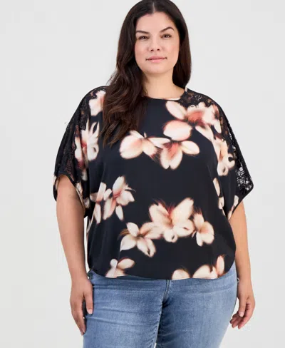 Democracy Plus Size Inset Lace Dolman Floral Blouse In Black