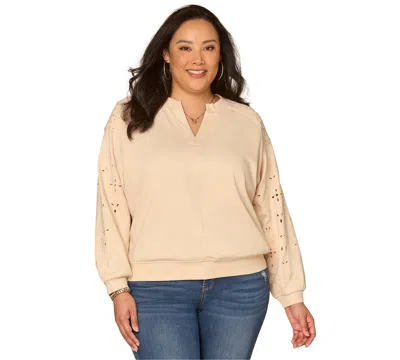 Democracy Plus Size Long Blouson-sleeve Embroidered Sweatshirt In Pink
