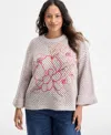 Democracy Plus Size Long Sleeve Floral Embroidered Sweater In Gray