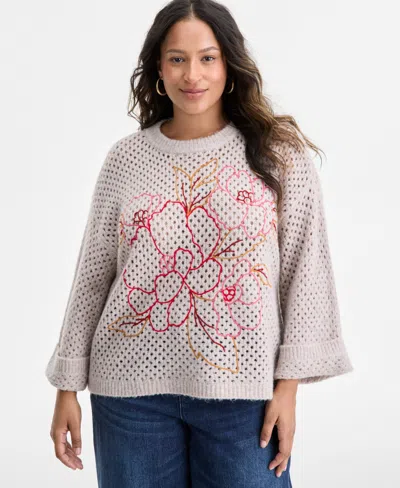 Democracy Plus Size Long Sleeve Floral Embroidered Sweater In Gray