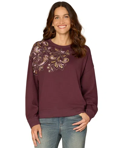 Democracy Plus Size Long-sleeve Crewneck Beaded Sweatshirt In Multi
