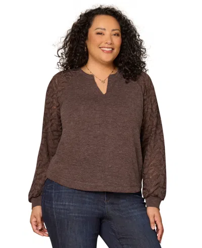 Democracy Plus Size Mandarin Collar Top In Brown