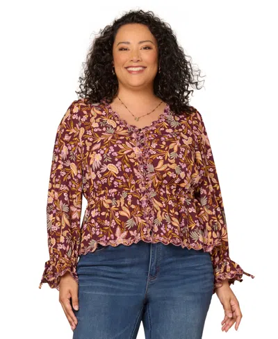 Democracy Plus Size Printed Long-sleeve Top In Multi