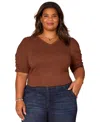 Democracy Plus Size Puff-sleeve V-neck Top In Brown