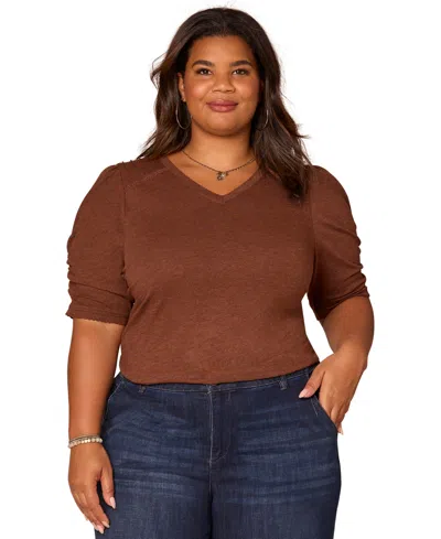 Democracy Plus Size Puff-sleeve V-neck Top In Brown