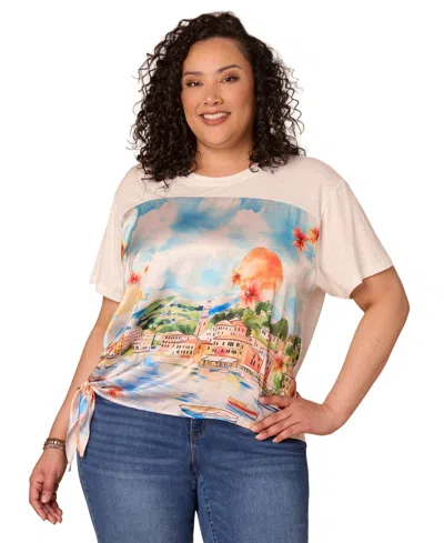 Democracy Plus Size Short-sleeve Mixed-media Print Top In Multi