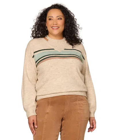 Democracy Plus Size Striped Band Detail V-neck Sweater In Nude