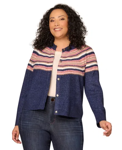 Democracy Plus Size Striped Round Neck Sweater In Blue