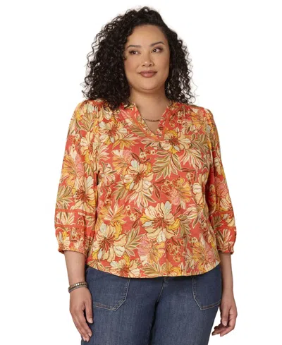 Democracy Plus Size V-neck Half-placket Top In Orange
