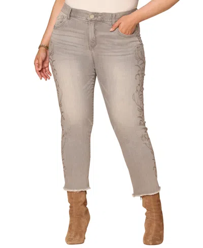 Democracy Plus Size Western Embroidery High-rise Slim Straight Jeans In Gray